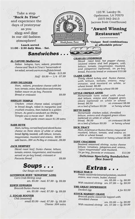 Menu at Back In Time restaurant, Opelousas