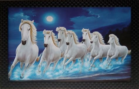 Shree Handicraft Seven (7) White Running Horses with Black Frame Wall ...