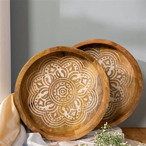 Handcrafted Mango-Wood Wooden Round Tray in reddish orange design ...