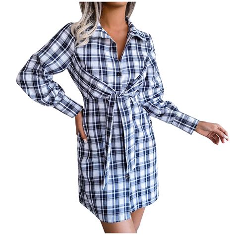 HAPIMO Womens Plaid Dresses Flannel Babydoll Dress Casual Lapel Collar ...