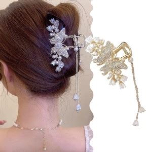 HASTHIP Pearl Butterfly Hair Claw Clips for Women, Large Golden Alloy ...