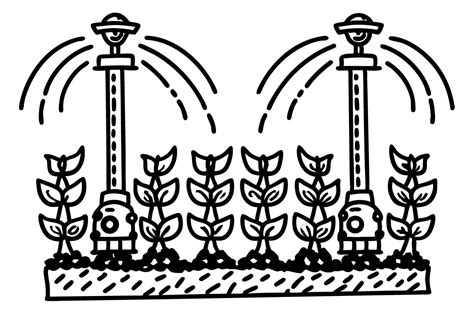 Garden sprinklers watering plants in a line drawing irrigation system ...