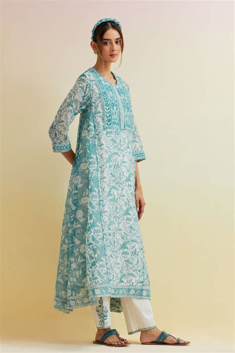 Kora - Tropical Teal A-line Kurta Set - Elahe
