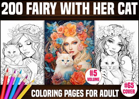 200 Fairy with Her Cat Coloring Pages Graphic by E A G L E · Creative ...