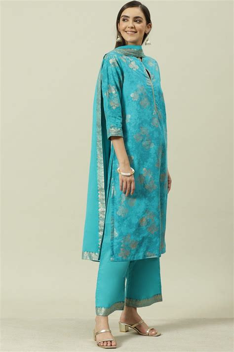 Turquoise Cotton Straight Kurta Palazzo Suit Set
