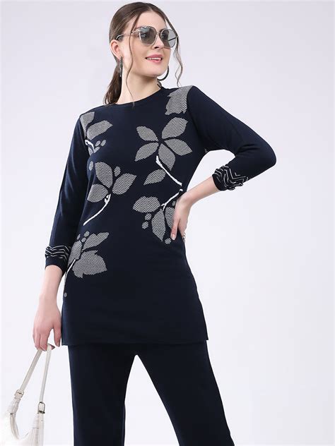 Buy Women Navy Blue Self Design Round Neck Full Sleeve Cords Set Online ...