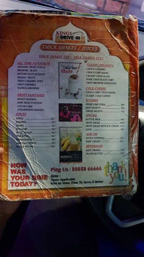Menu at Kings Drive In, Hyderabad