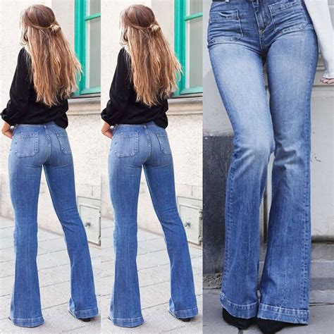 Women Retro High Waist Stretchy Bootcut Jeans Denim Skinny Flared Pants ...