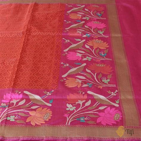 Orange-Gulabi Pink Pure Kora Silk Handwoven Banarasi Saree - Tilfi