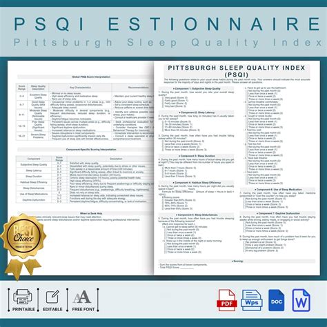 Printable Pittsburgh Sleep Quality Index (PSQI) Template, Editable PSQI ...