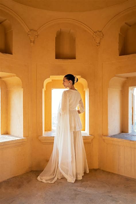 Buy - Off white triangle peplum sharara set | Elan Store