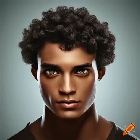 Handsome man with dark brown skin and golden brown eyes with curly ...