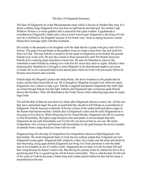 The Epic of Gilgamesh Summary - It is about a ruthless king Gilgamesh who was born as half human ...