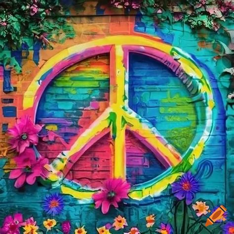Colorful street art with peace signs and blooming flowers on Craiyon