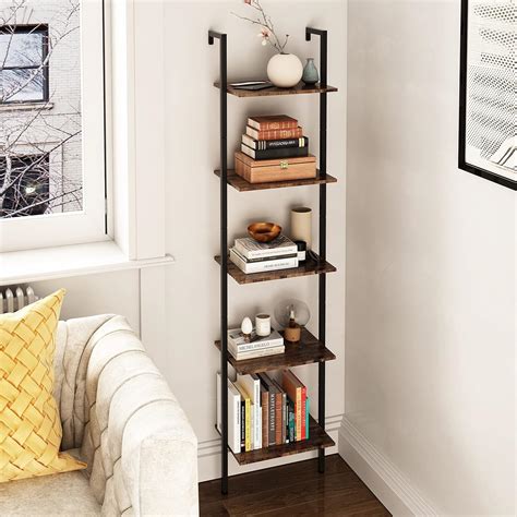 Buy Tajsoon Industrial Bookcase, Ladder Shelf, 5-Tier Wood Wall Mounted ...