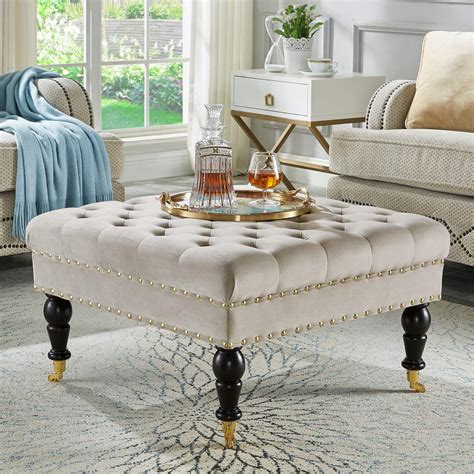 24KF Large Square Upholstered Tufted Button Velvet Ottoman Coffee Table ...