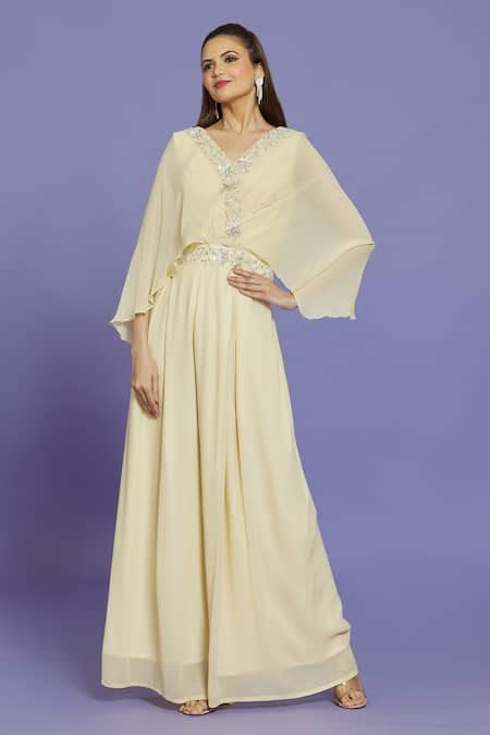 Buy Off White Georgette Placement Embroidery Floral V Neck Jumpsuit For ...