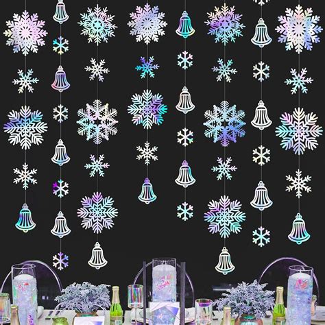 Amazon.com: 40 Ft Snowflakes Party Decorations Iridescent Snowflakes Bell Garland Holographic ...
