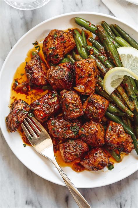 Garlic Butter Pork Bites Recipe with Lemon Green Beans – Pork Cubes ...