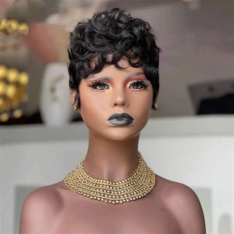Curly Short Pixie Cut Remy Human Hair Wig Ready To Wear Black Color ...