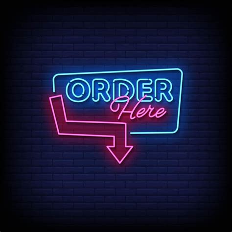 Order here neon sign vector with brick wall background | Premium Vector