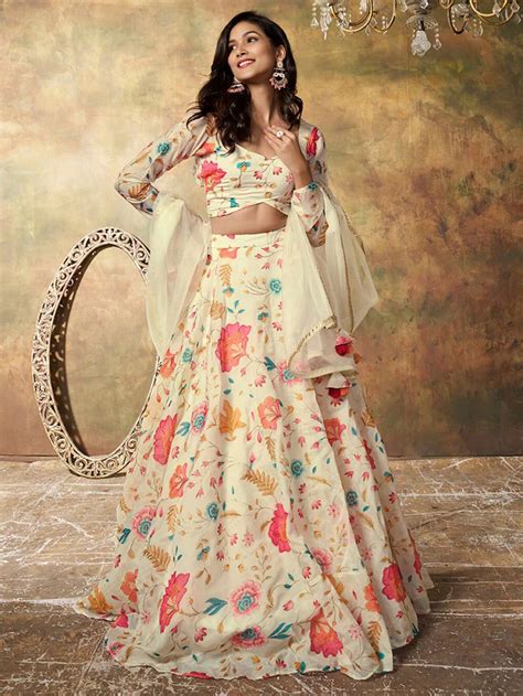Buy Beige Floral Printed Organza Lehenga Choli From Ethnic Plus