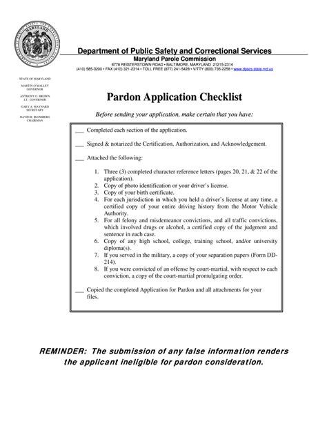 MD DPSCS Pardon App Checklist Form - Fill Online, Printable, Fillable ...