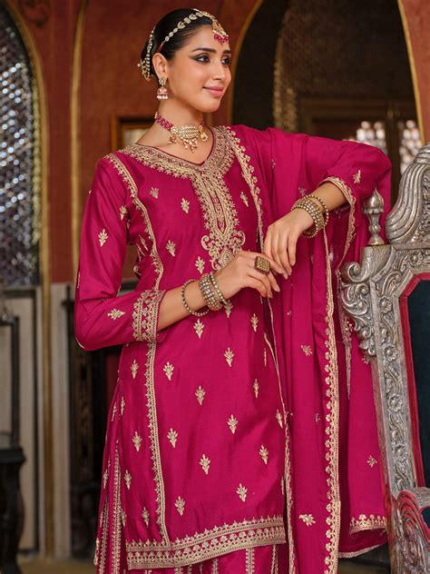 Pink Embroidered Chinon Straight Kurta Palazzos With Dupatta