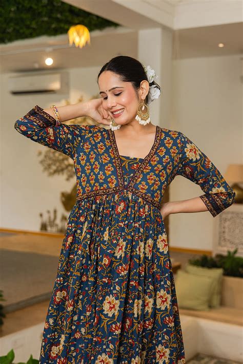 Navy Flared Anarkali Cotton Kurta with Floral Print – Gulab Chand Trends