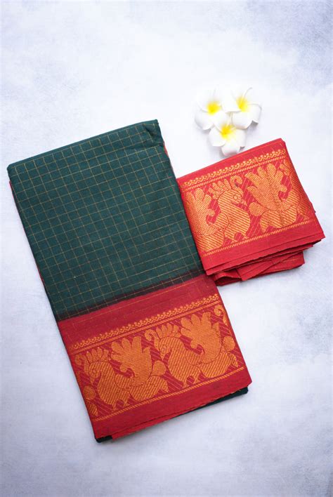 Sungudi Golden Zari Checked Bottle Green Saree with Red Border – The ...