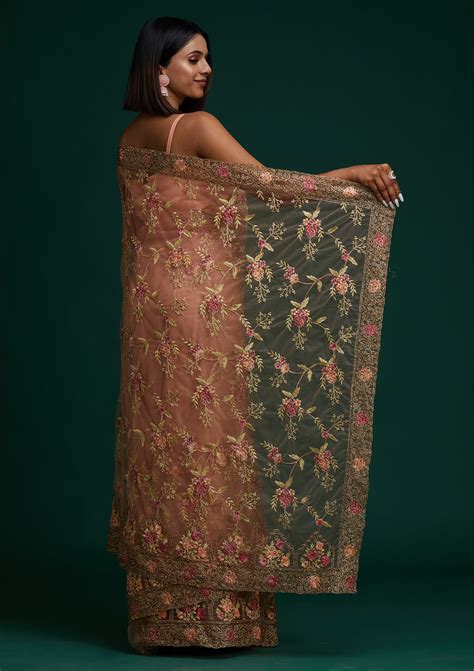 Buy Peach Threadwork Net Designer Saree - Koskii