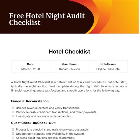Free Hotel Night Audit Checklist Template to Edit Online