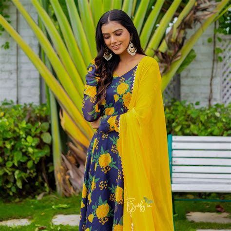 Blue-Mustard Floral Chiffon Anarkali Suit – Byutify.in
