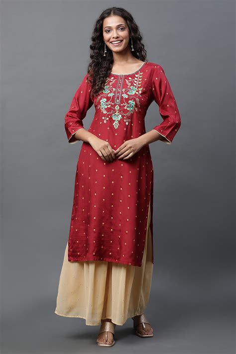 Buy Red Polka Dot Embroidered Straight Shantung Kurta Online for Woman ...