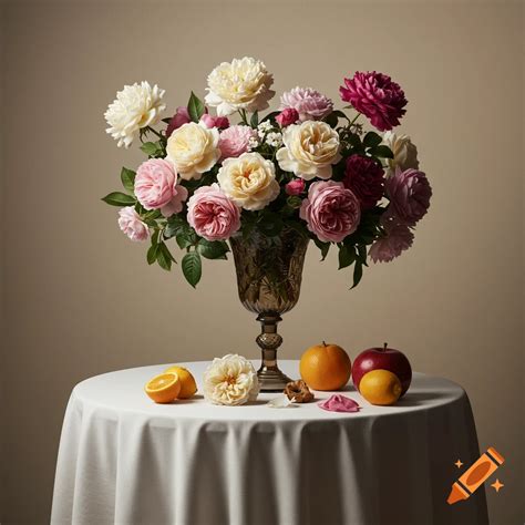 A painterly still life of a vibrant bouquet with pink peonies, cream ...