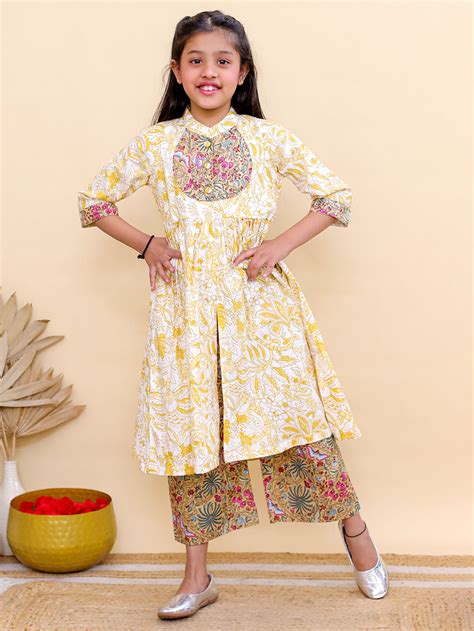 Yellow White Printed Cotton Kurta with Pants- Set of 2