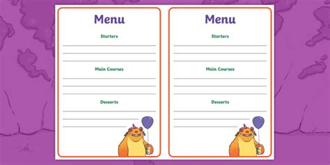 A Monster Surprise: Monster Party Menu Writing Frames