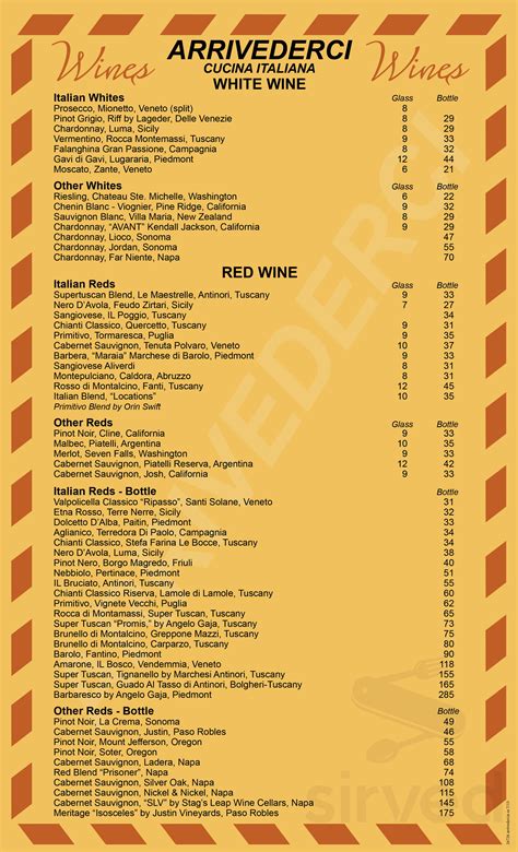 Arrivederci Cucina Italiana menu in Fountain Hills, Arizona, USA