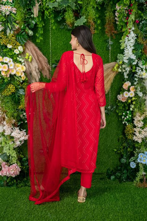 Red Thread Work Kurta Set