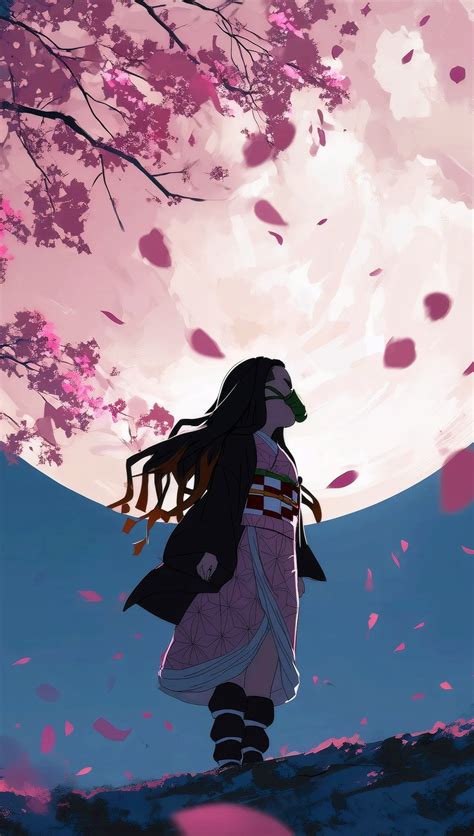 Nezuko Kamado en paisaje nocturno cielo y luna llena Anime Fondo de ...
