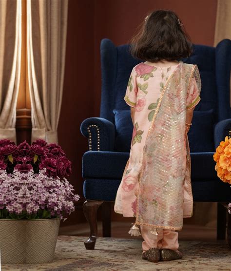 Buy Peach Floral Cotton Silk Chudidar Kurti Dupatta for Girls – FayonKids