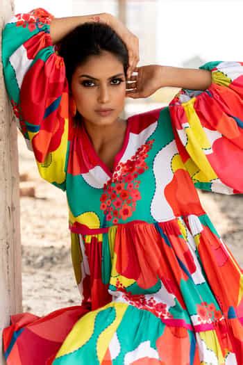 Buy Multi Color Cotton Satin V-neck Abstract Splash Print Dress For ...