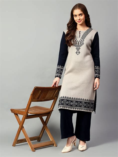 Women's Navy Blue Printed Round Neck Kurta Palazzo Set For Winter ...