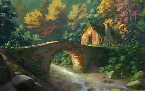 Download wallpaper 3840x2400 house, bridge, trees, river, art 4k ultra ...