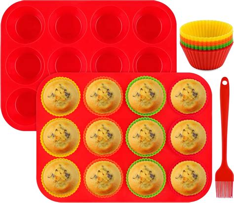 2 PCS Silicone Muffin Trays, 12 Cups Silicone Cupcake Cases, Non Stick ...