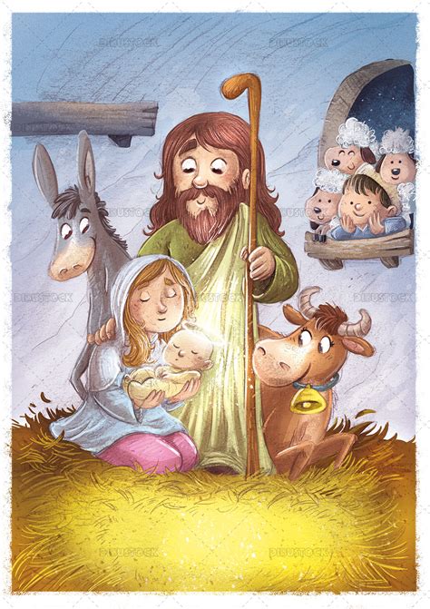 ilustración del nacimiento del niño jesús con maría y josé en el portal ...
