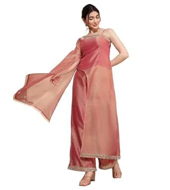 Buy DEEBACO Women's Solid Shimmer Chiffon Ankle Length Tunic & Palazzo ...