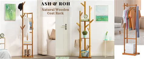 Ash & Roh Natural Wooden Coat Rack Stand With Hooks Adjustable Height ...