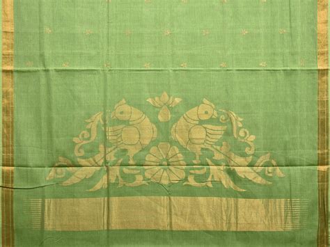 Green Khadi Cotton Handloom Saree with Birds Pallu Design kh0698 – Uppada