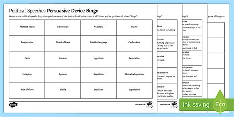 Political Speeches Persuasive Techniques Bingo - Secondary - Event